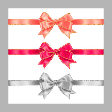 Set of three realistic white, peachy and pink silk ribbon bow with gold and  silver glitter shiny stripes, vector illustration for decoration,  promotion, advetrisment, sale or celebration banner Stock Vector