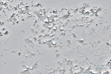 Cracked painting of the old surface. Background of plaster peeling from the ceiling. The texture of peeling grey paint on the ceiling.