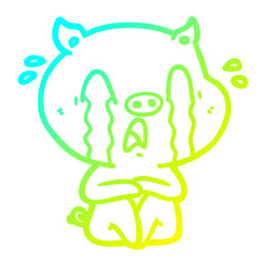 cold gradient line drawing crying pig cartoon