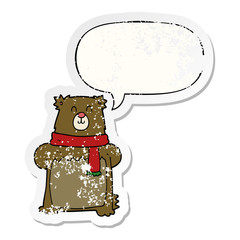 cartoon bear and speech bubble distressed sticker