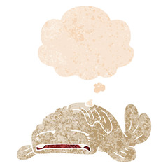 cartoon sad old fish and thought bubble in retro textured style