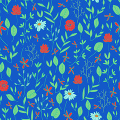 leafy, dense, stylish botanical floral vector seamless pattern blue background editable