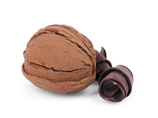 Scoop of ice cream and chocolate curls isolated on white