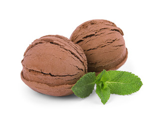 Scoops of chocolate ice cream and mint isolated on white