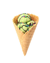 Delicious ice cream with topping in waffle cone on white background