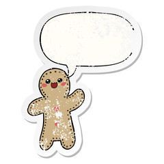 cartoon gingerbread man and speech bubble distressed sticker