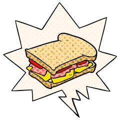 cartoon ham cheese tomato sandwich and speech bubble in comic book style