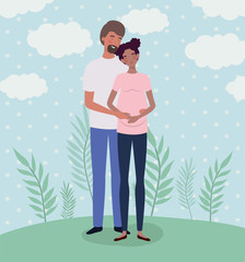 interracial lovers couple pregnancy characters in the landscape