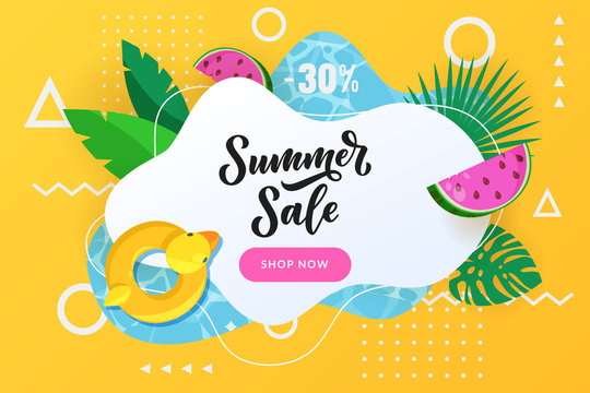 Summer sale poster, banner design template. Vector illustration. Paper frame with palm leaves, duck float and watermelon