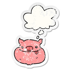 cartoon happy pig face and thought bubble as a distressed worn sticker