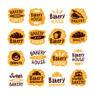 Bread and bakery products logos and icons with lettering. Bagel and croissant and baguette silhouettes with signs for pastry food shop. Food of dough and flour badges vector isolated set
