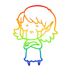 rainbow gradient line drawing cartoon crying elf girl
