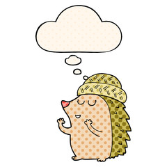cartoon hedgehog wearing hat and thought bubble in comic book style