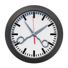 Barbershop Time concept. Clock face with scissors, 3D rendering