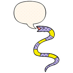 hissing cartoon snake and speech bubble in comic book style
