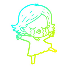 cold gradient line drawing cartoon girl crying
