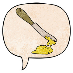 cartoon knife spreading butter and speech bubble in retro texture style