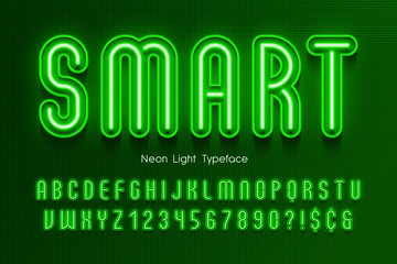 Neon light 3d alphabet, extra glowing font.