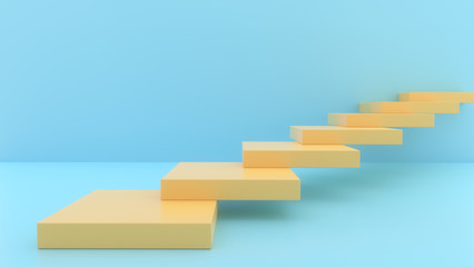 Yellow stairs on blue background. Pedestal stairs. 3D rendering