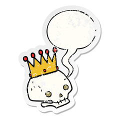 cartoon skull and crown and speech bubble distressed sticker