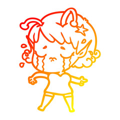 warm gradient line drawing cartoon crying alien girl