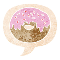 cartoon donut and speech bubble in retro textured style