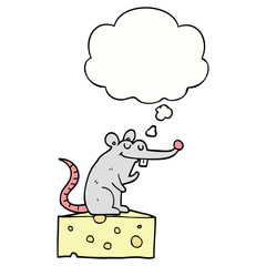 cartoon mouse sitting on cheese and thought bubble