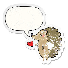 cute cartoon hedgehog and speech bubble distressed sticker