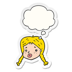 cartoon girls face and thought bubble as a printed sticker