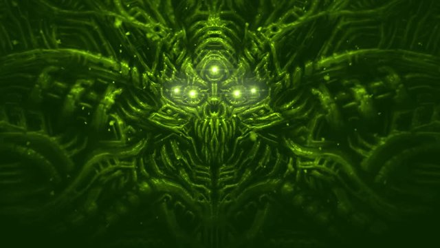 Spaceman invader skull. Steel robot head with shining eyes. Animation in science fiction genre. Scary animated backdrop movie. Motion graphics for VJ loops and music clips. Green color background. 