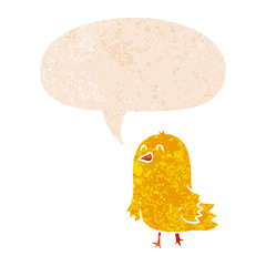 cartoon bird and speech bubble in retro textured style