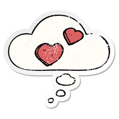 cartoon love hearts and thought bubble as a distressed worn sticker