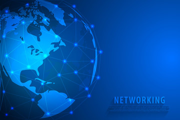 Global network connection background, blue world map, vector