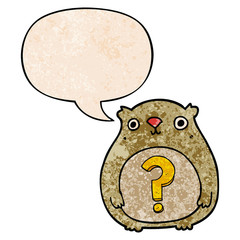 cartoon curious bear and speech bubble in retro texture style
