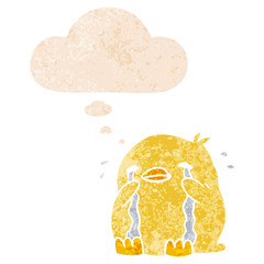 cartoon crying bird and thought bubble in retro textured style