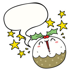 cute cartoon happy christmas pudding and speech bubble
