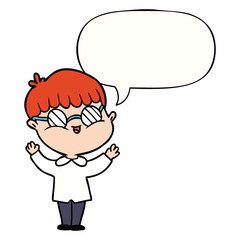 cartoon boy wearing spectacles and speech bubble
