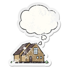 cartoon house and thought bubble as a distressed worn sticker