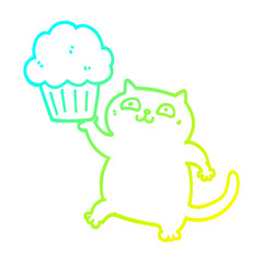 cold gradient line drawing cartoon cat with cupcake