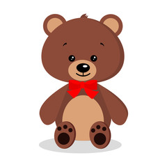 Isolated cartoon cute, sweet, romantic and festive brown teddy bear with a red bow tie around his neck on white background. Vector flat style character icon illustration.
