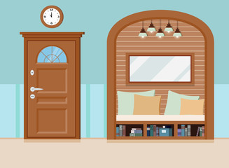 Cozy simple home entrance hall interior background with furniture, closed door arched recess in the wall: shoe bench, mirror, lamp, shelf, books, box, pillow in flat cartoon style. Vector illustration