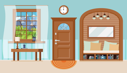 Cozy home entrance hall interior background with furniture: coffee table, lamp, ceiling light, closed window with mountain view, shoe bench, bookshelf, door. Cartoon flat style vector illustration.