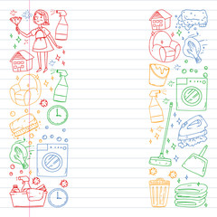 Cleaning services company vector pattern, drawing in exercise book.