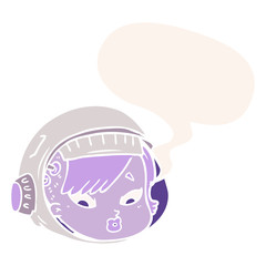 cartoon astronaut face and speech bubble in retro style