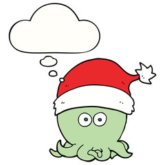 cartoon octopus wearing christmas hat and thought bubble