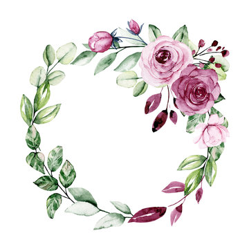 Wreath, floral frame, watercolor flowers roses. Isolated on white background. Perfectly for greeting card, wedding invite design. Illustration hand painting.