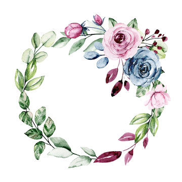 Wreath, floral frame, watercolor flowers roses. Isolated on white background. Perfectly for greeting card, wedding invite design. Illustration hand painting.
