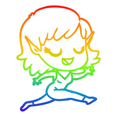 rainbow gradient line drawing happy cartoon elf girl running