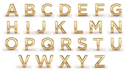 Golden font, all letters. Latin, english alphabet. 3d render, gold metal texture, on white background.