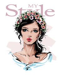 Hand drawn beautiful young woman with flower wreath on her head. Stylish girl. Fashion woman look. Sketch. Vector illustration.